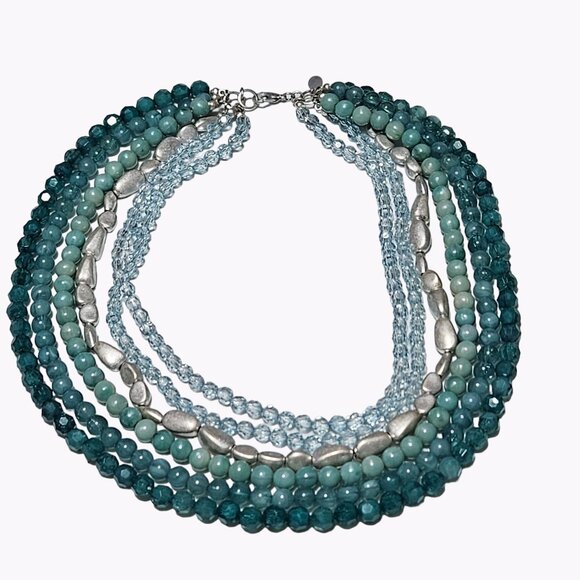 Retro Teal Multi Strand Beaded Statement Choker Necklace Fashion Jewelry Women - Picture 1 of 5